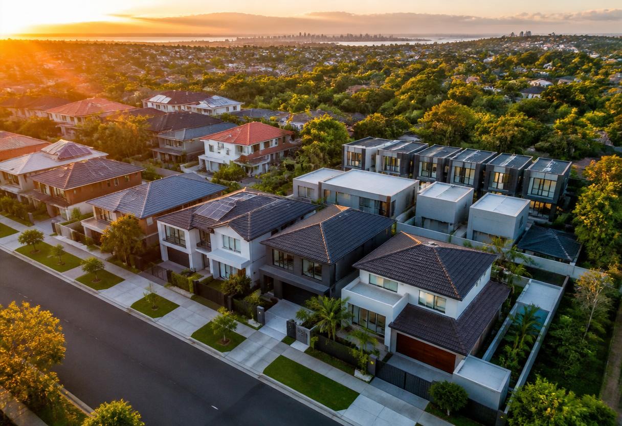 Aerial view of modern Australian investment properties at golden hour